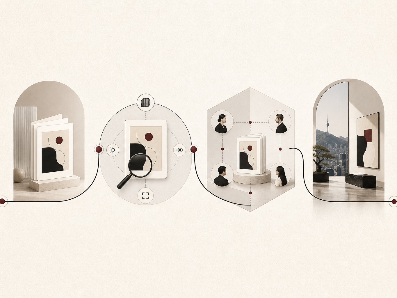 Abstract process infographic showing artwork inventory moving through screening, buyer matching, and Seoul delivery